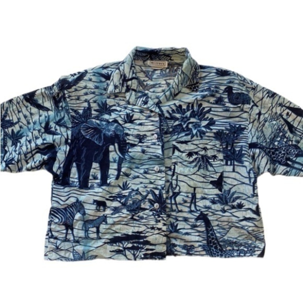 Mirrors Vintage 80’s Women’s Blue Cotton Boxy Button Down Safari Print Shirt
